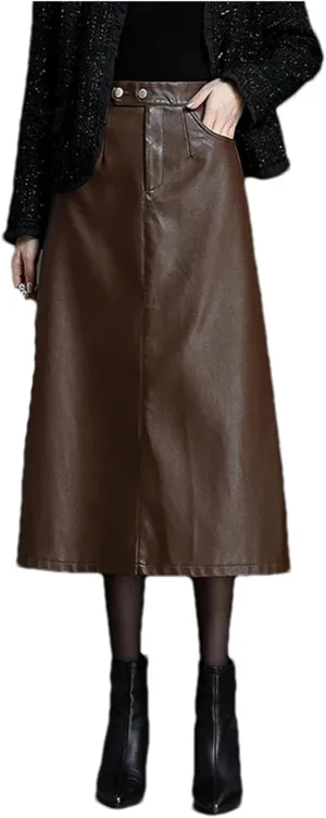 Women Long Pu Leather Skirt Winter High Waisted Pocket Bodycon Pencil Midi Skirt with Slit