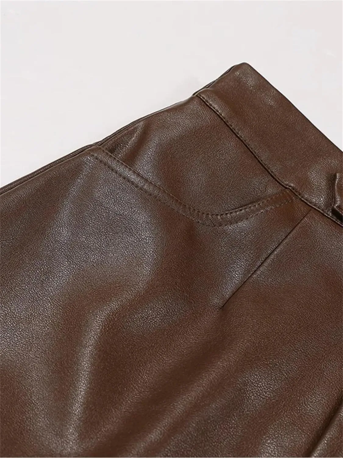 Women Long Pu Leather Skirt Winter High Waisted Pocket Bodycon Pencil Midi Skirt with Slit