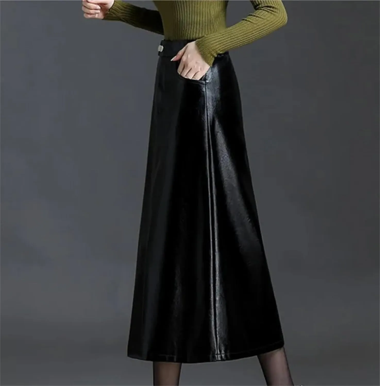 Women Long Pu Leather Skirt Winter High Waisted Pocket Bodycon Pencil Midi Skirt with Slit