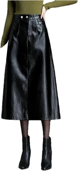 Women Long Pu Leather Skirt Winter High Waisted Pocket Bodycon Pencil Midi Skirt with Slit