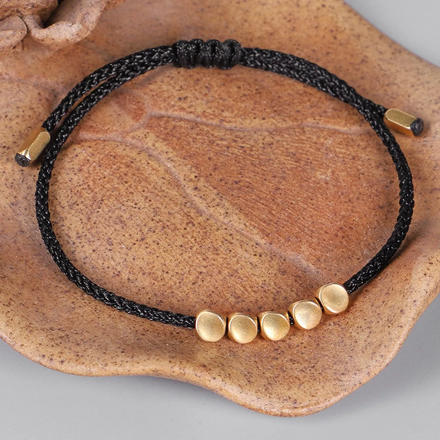 Women Men Handmade 5 Irregular Brass Copper Beads Tibetan Bracelet Chinese Feng Shui Lucky Red String Adjustable Rope Chain Couple Bracelets Distance Friendship Lovers Promise Gifts