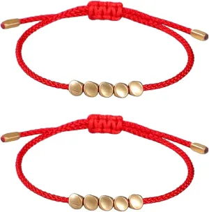 Women Men Handmade 5 Irregular Brass Copper Beads Tibetan Bracelet Chinese Feng Shui Lucky Red String Adjustable Rope Chain Couple Bracelets Distance Friendship Lovers Promise Gifts
