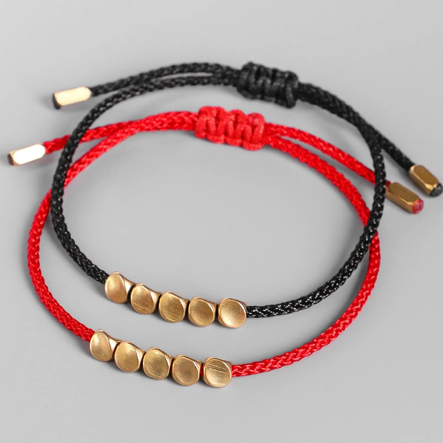 Women Men Handmade 5 Irregular Brass Copper Beads Tibetan Bracelet Chinese Feng Shui Lucky Red String Adjustable Rope Chain Couple Bracelets Distance Friendship Lovers Promise Gifts