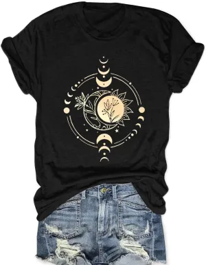 Women Mystical Moon and Sun Flower Shirt Vintage Wildflower T Shirts Boho Graphic Tees Short Sleeve Celestial Moon Tops