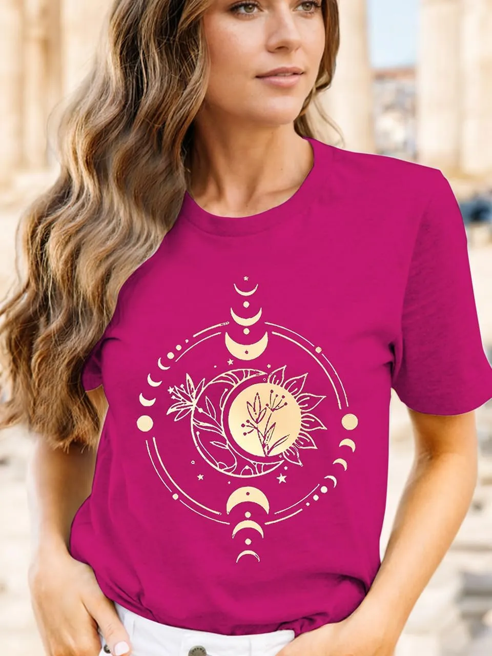 Women Mystical Moon and Sun Flower Shirt Vintage Wildflower T Shirts Boho Graphic Tees Short Sleeve Celestial Moon Tops