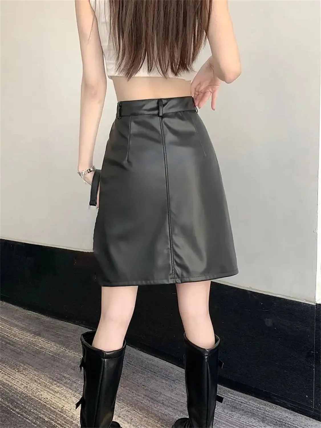 Women Office PU Leather Midi Skirts Solid Zipper Pockets Button High Waist Short A-Line Pencil Skirt