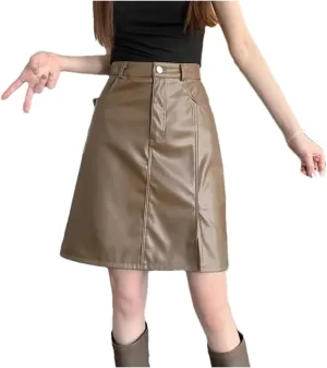 Women Office PU Leather Midi Skirts Solid Zipper Pockets Button High Waist Short A-Line Pencil Skirt