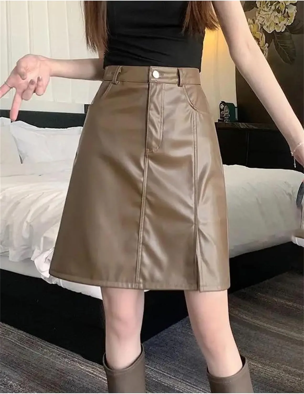 Women Office PU Leather Midi Skirts Solid Zipper Pockets Button High Waist Short A-Line Pencil Skirt
