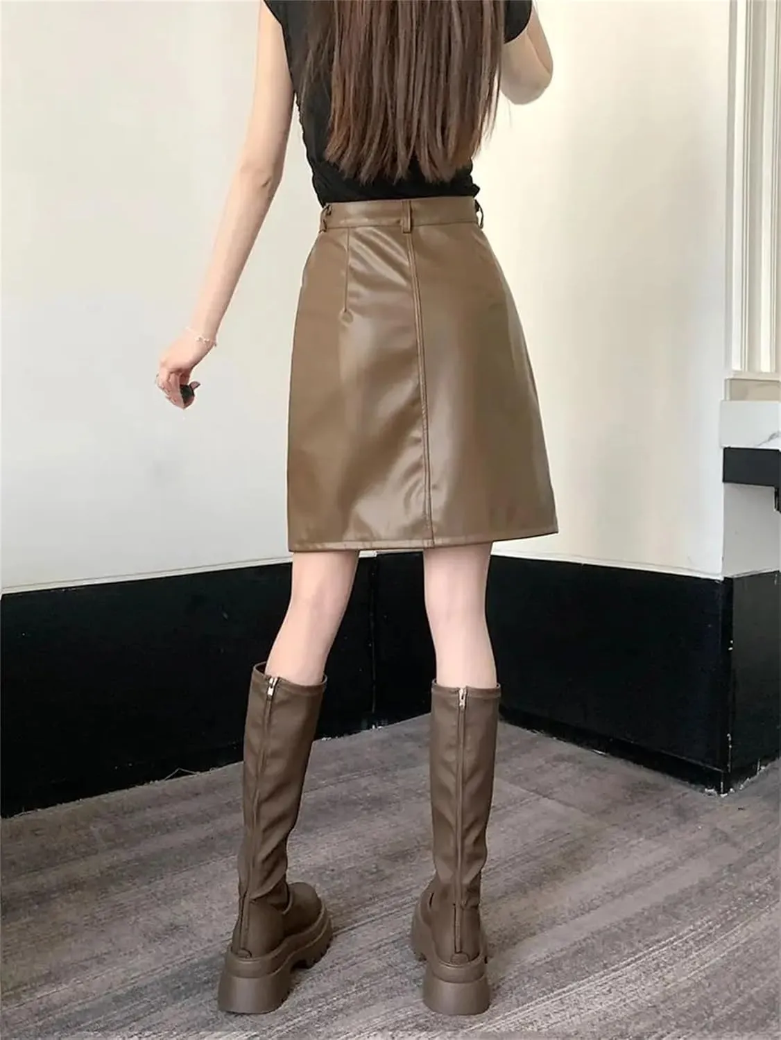 Women Office PU Leather Midi Skirts Solid Zipper Pockets Button High Waist Short A-Line Pencil Skirt