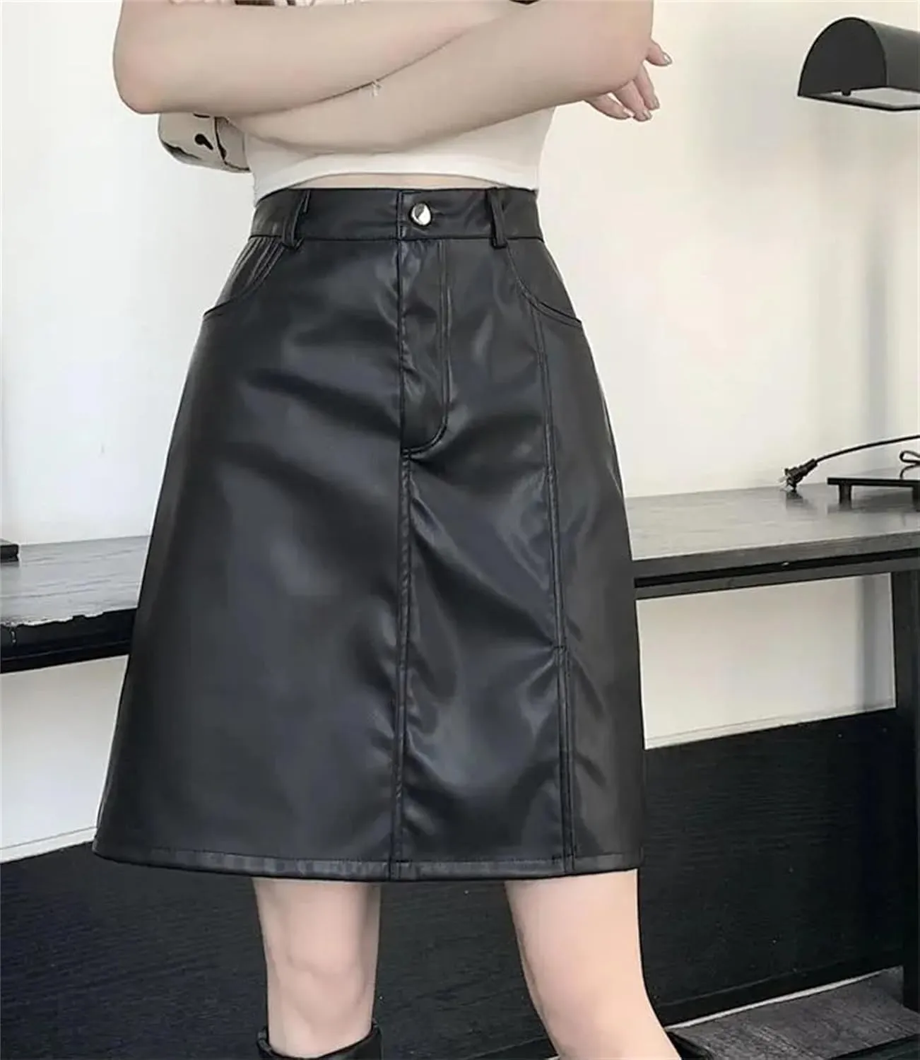 Women Office PU Leather Midi Skirts Solid Zipper Pockets Button High Waist Short A-Line Pencil Skirt