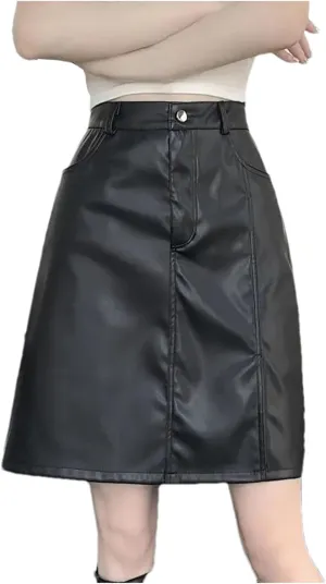 Women Office PU Leather Midi Skirts Solid Zipper Pockets Button High Waist Short A-Line Pencil Skirt