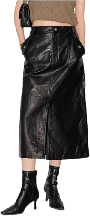 Women Office Retro Genuine Leather Midi Skirts Solid High Waisted Split Slit Hem A-Line Leather Skirts