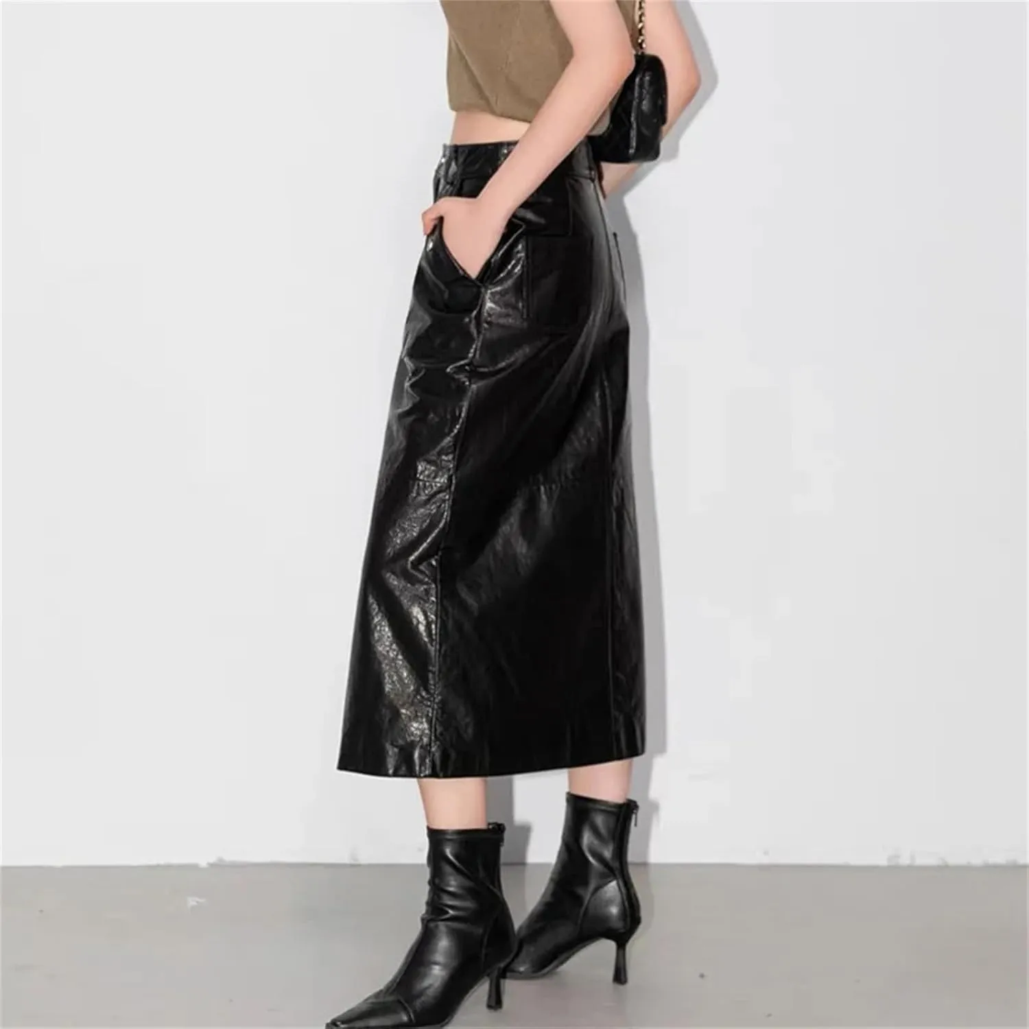 Women Office Retro Genuine Leather Midi Skirts Solid High Waisted Split Slit Hem A-Line Leather Skirts