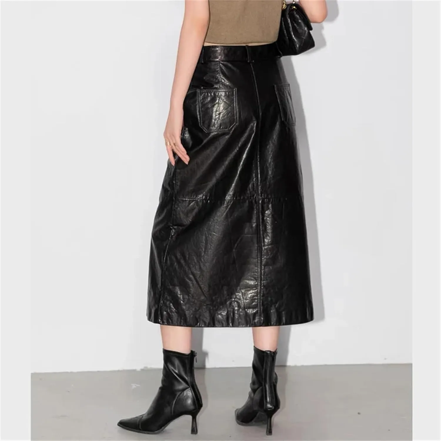 Women Office Retro Genuine Leather Midi Skirts Solid High Waisted Split Slit Hem A-Line Leather Skirts