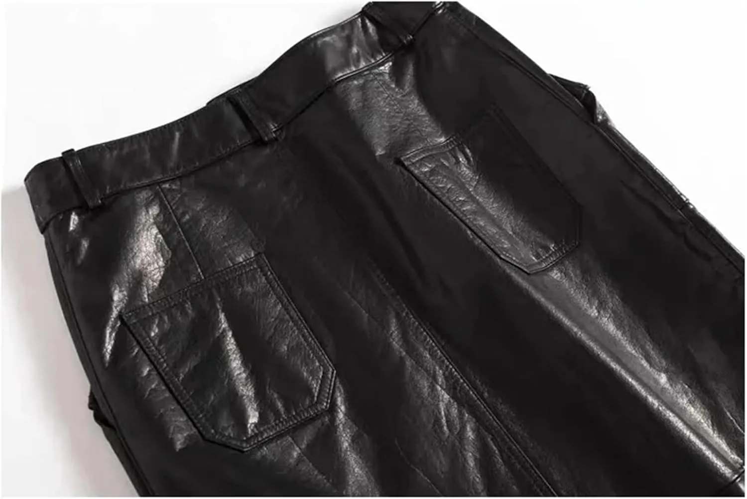 Women Office Retro Genuine Leather Midi Skirts Solid High Waisted Split Slit Hem A-Line Leather Skirts