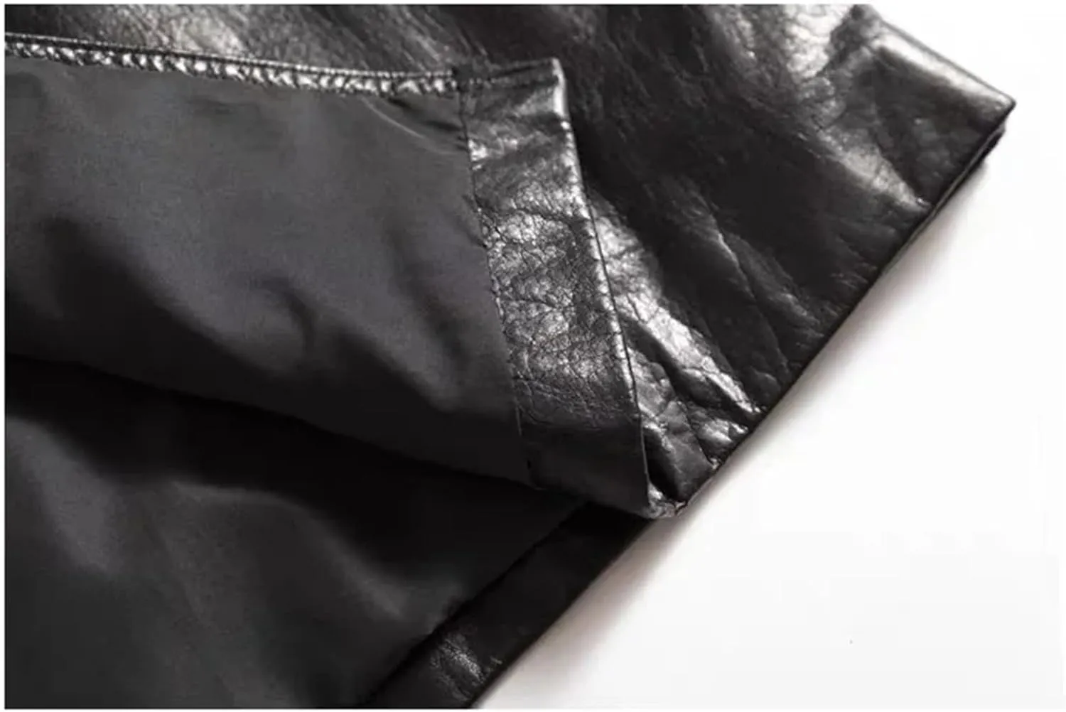 Women Office Retro Genuine Leather Midi Skirts Solid High Waisted Split Slit Hem A-Line Leather Skirts