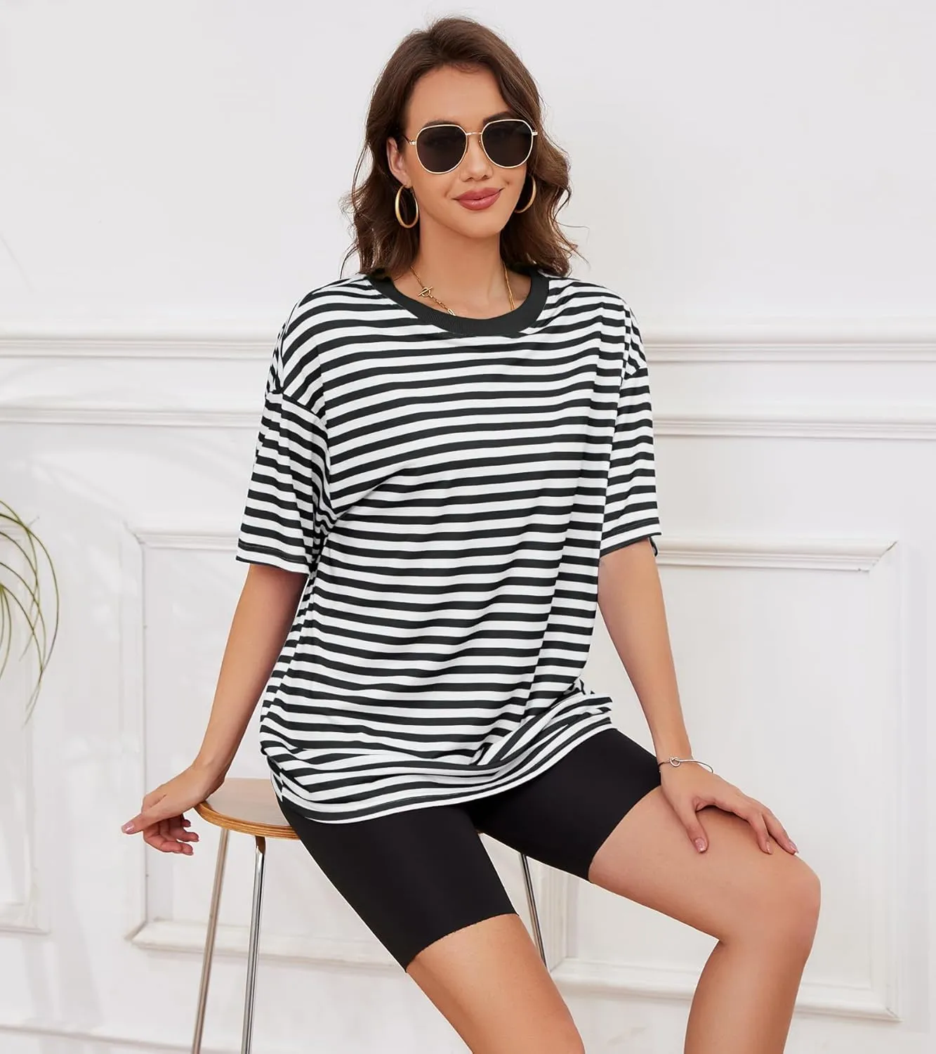 Women Oversized Striped Short Sleeve T Shirts Workout Athletic Loose Tops Crew Neck Basic Shirt Casual Top Tee