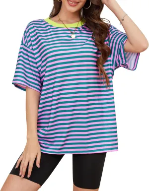 Women Oversized Striped Short Sleeve T Shirts Workout Athletic Loose Tops Crew Neck Basic Shirt Casual Top Tee