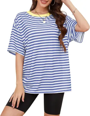Women Oversized Striped Short Sleeve T Shirts Workout Athletic Loose Tops Crew Neck Basic Shirt Casual Top Tee