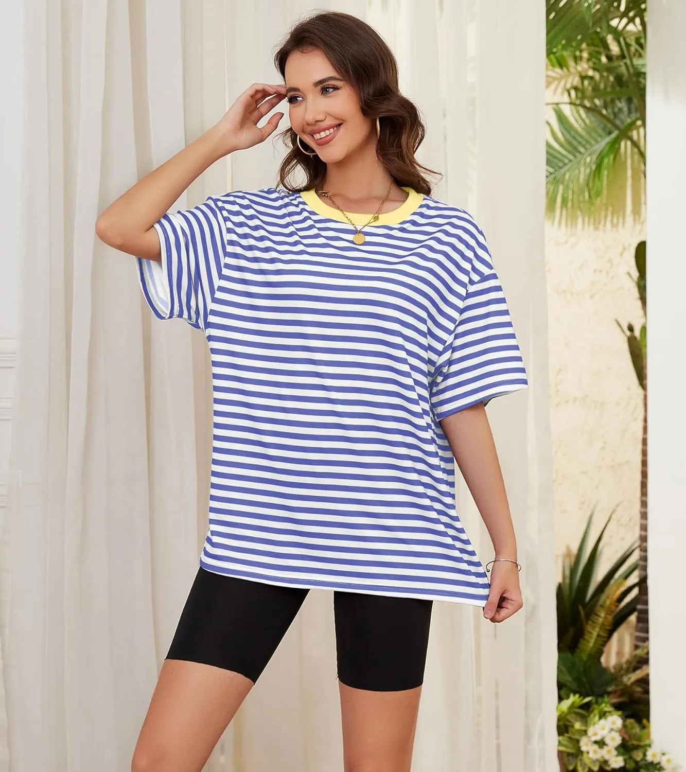 Women Oversized Striped Short Sleeve T Shirts Workout Athletic Loose Tops Crew Neck Basic Shirt Casual Top Tee