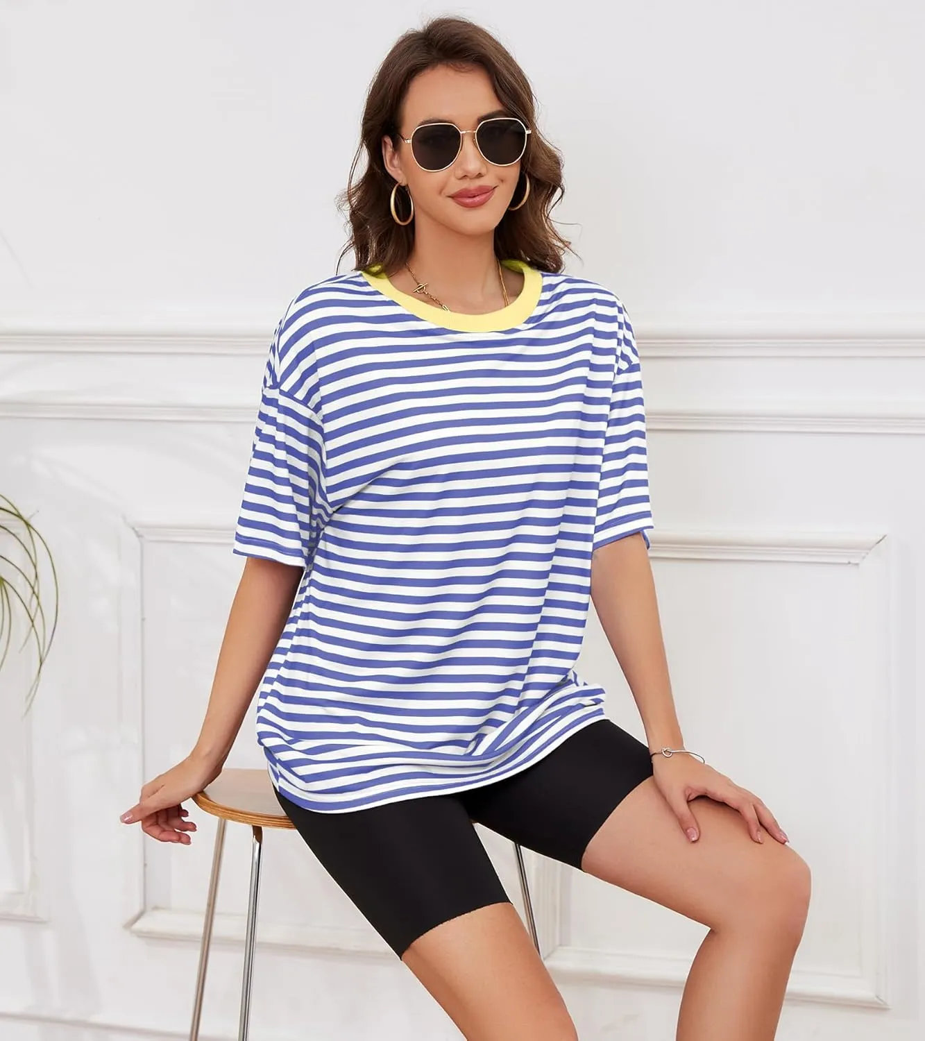 Women Oversized Striped Short Sleeve T Shirts Workout Athletic Loose Tops Crew Neck Basic Shirt Casual Top Tee