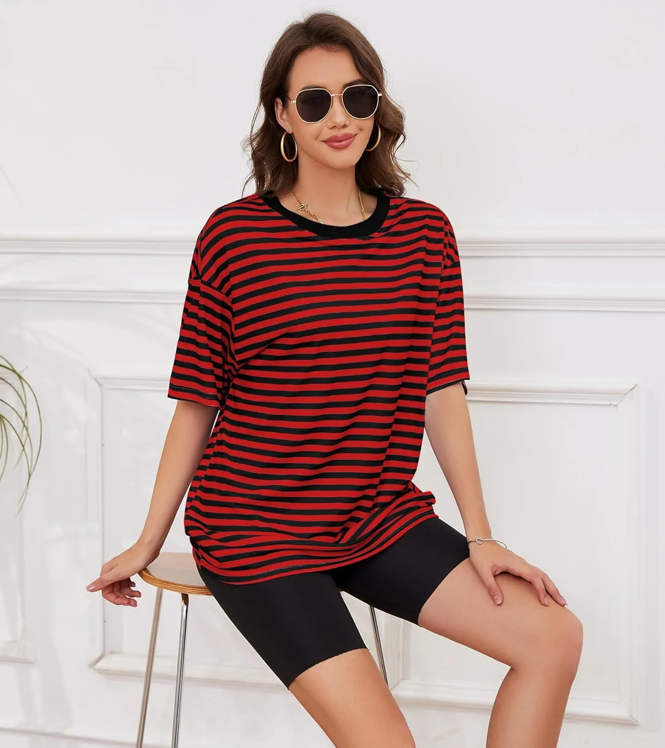 Women Oversized Striped Short Sleeve T Shirts Workout Athletic Loose Tops Crew Neck Basic Shirt Casual Top Tee