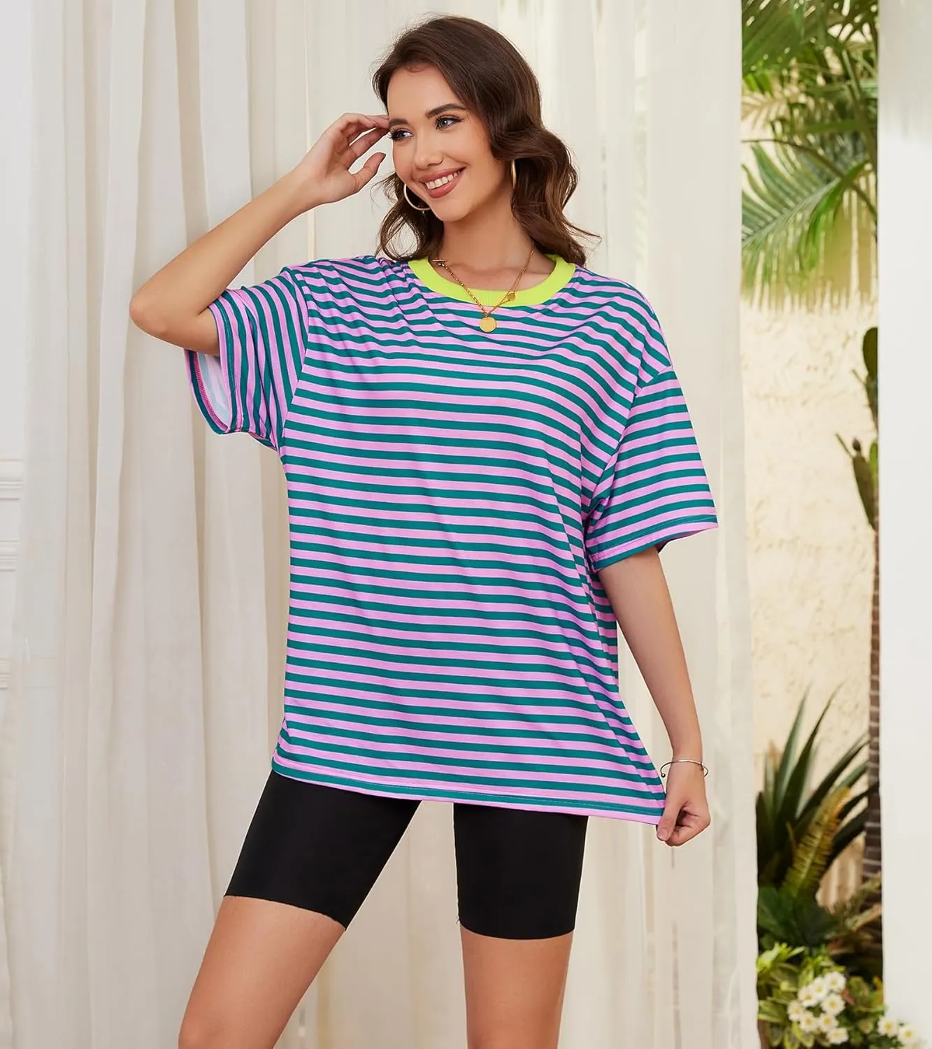 Women Oversized Striped Short Sleeve T Shirts Workout Athletic Loose Tops Crew Neck Basic Shirt Casual Top Tee