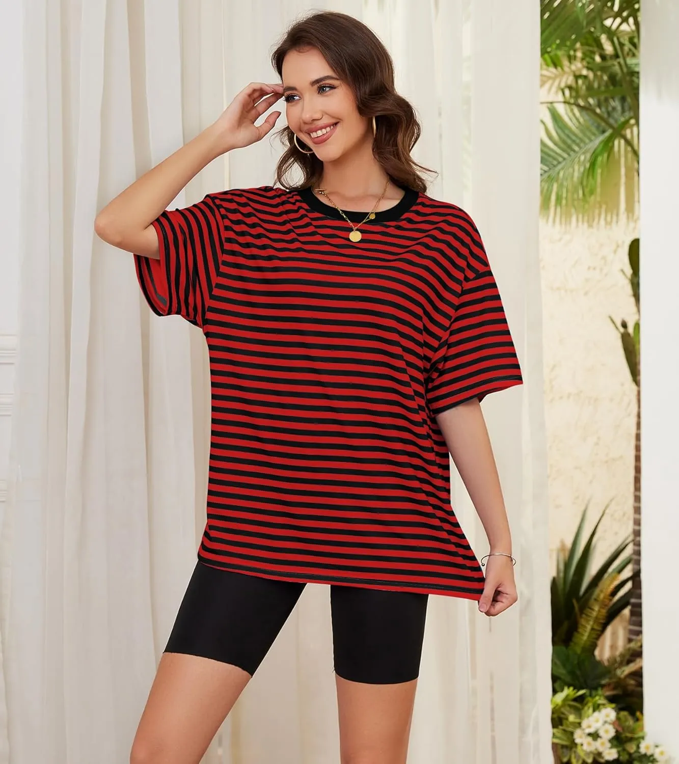 Women Oversized Striped Short Sleeve T Shirts Workout Athletic Loose Tops Crew Neck Basic Shirt Casual Top Tee
