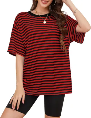 Women Oversized Striped Short Sleeve T Shirts Workout Athletic Loose Tops Crew Neck Basic Shirt Casual Top Tee