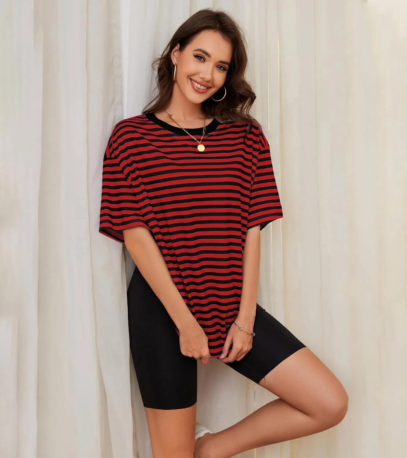 Women Oversized Striped Short Sleeve T Shirts Workout Athletic Loose Tops Crew Neck Basic Shirt Casual Top Tee