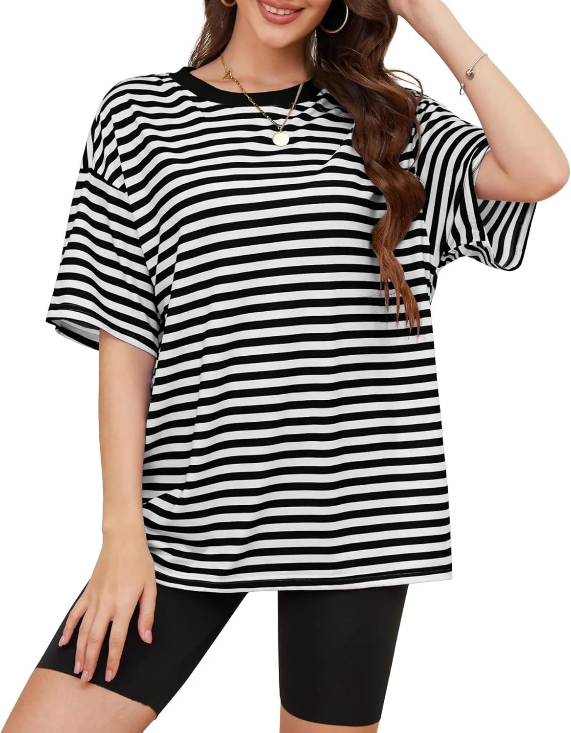 Women Oversized Striped Short Sleeve T Shirts Workout Athletic Loose Tops Crew Neck Basic Shirt Casual Top Tee