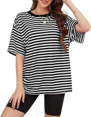 Women Oversized Striped Short Sleeve T Shirts Workout Athletic Loose Tops Crew Neck Basic Shirt Casual Top Tee