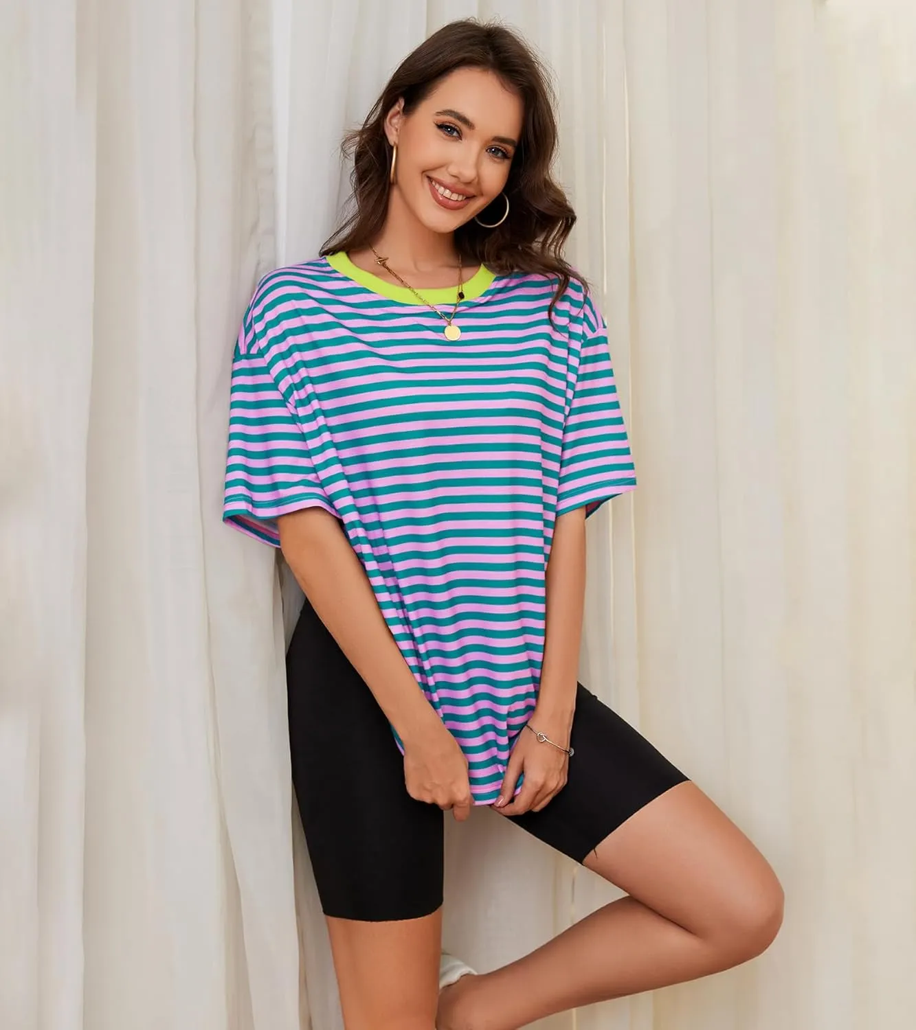 Women Oversized Striped Short Sleeve T Shirts Workout Athletic Loose Tops Crew Neck Basic Shirt Casual Top Tee