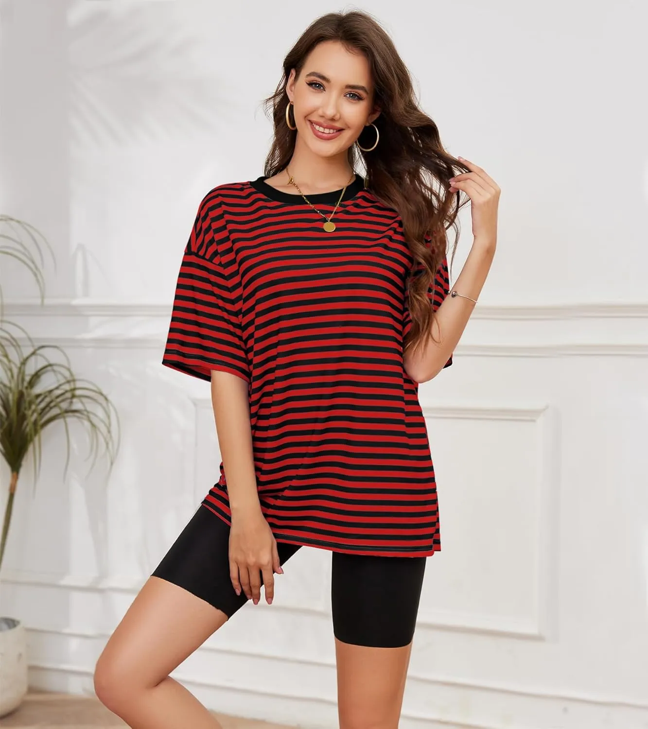 Women Oversized Striped Short Sleeve T Shirts Workout Athletic Loose Tops Crew Neck Basic Shirt Casual Top Tee