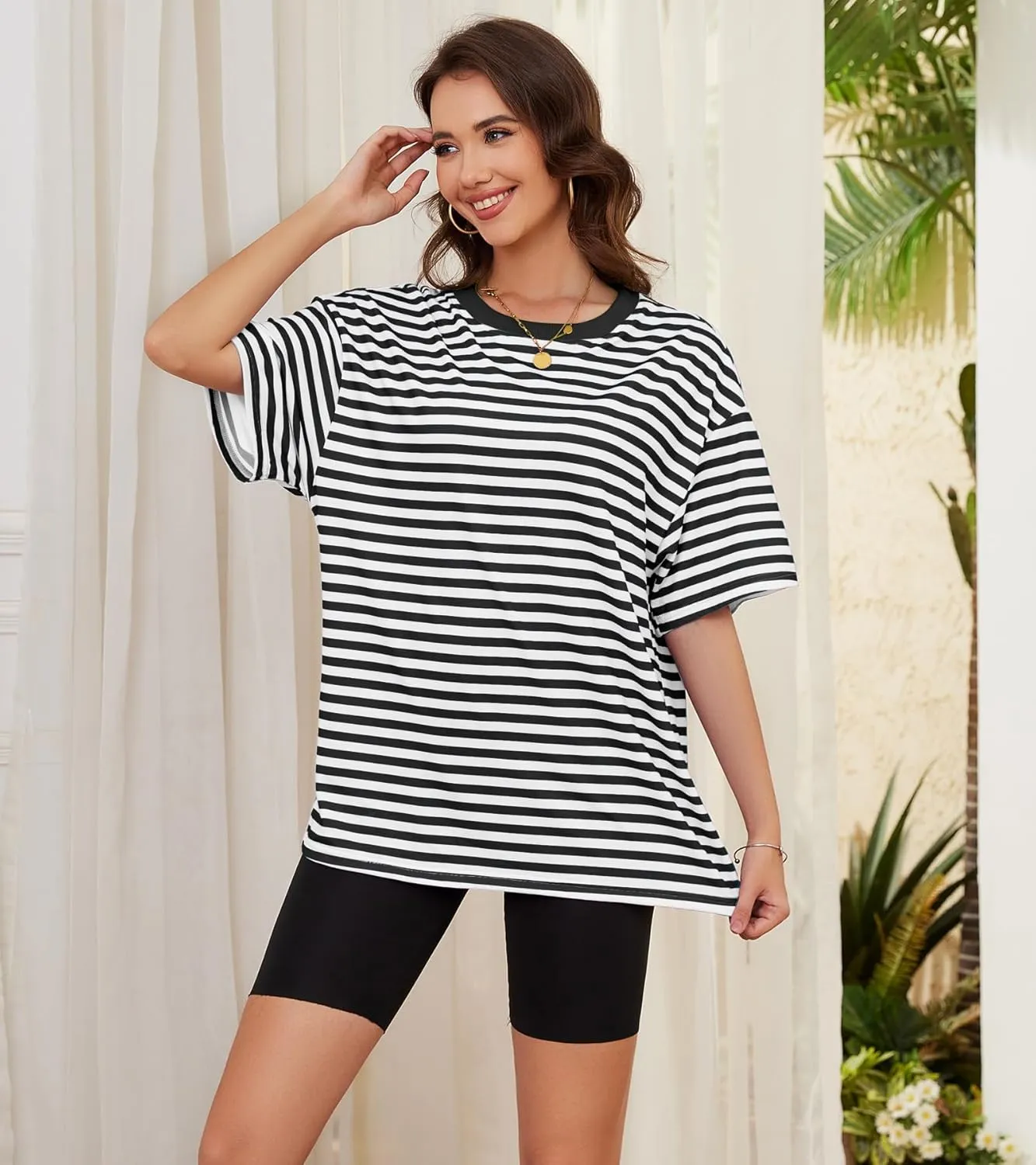 Women Oversized Striped Short Sleeve T Shirts Workout Athletic Loose Tops Crew Neck Basic Shirt Casual Top Tee