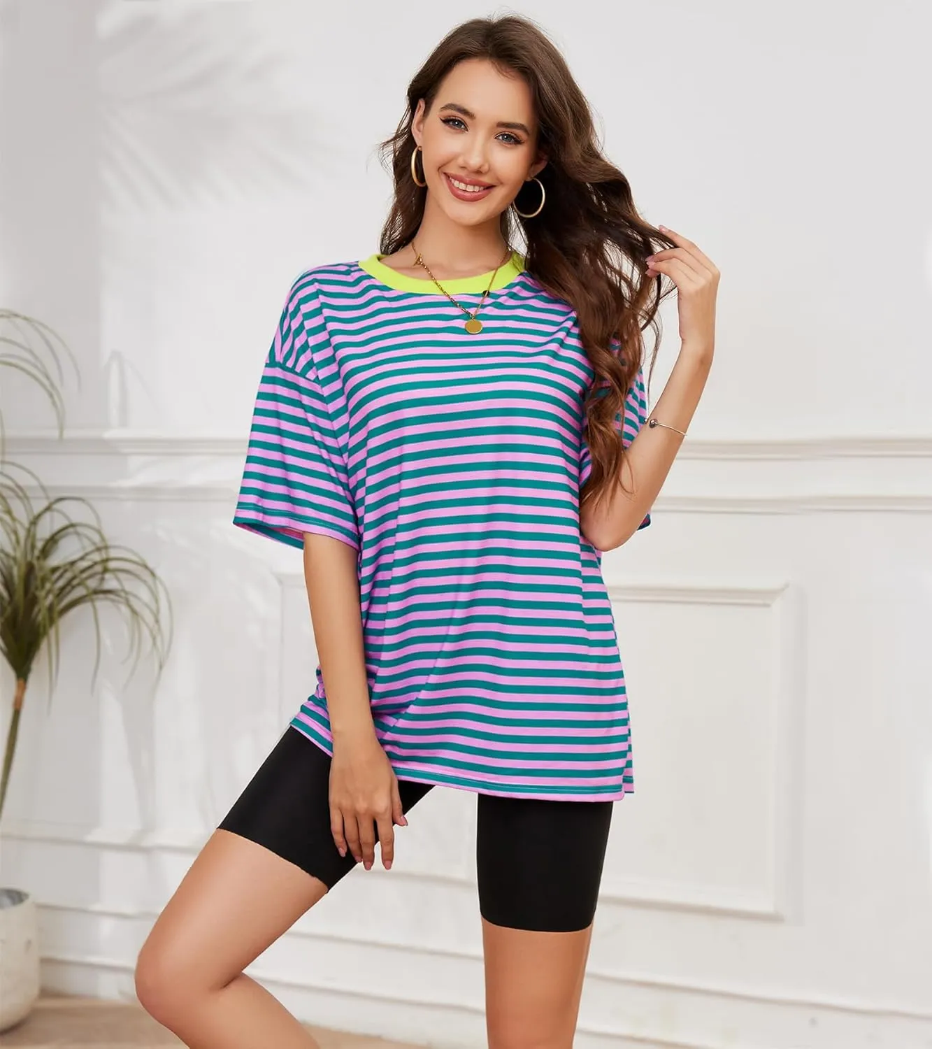 Women Oversized Striped Short Sleeve T Shirts Workout Athletic Loose Tops Crew Neck Basic Shirt Casual Top Tee