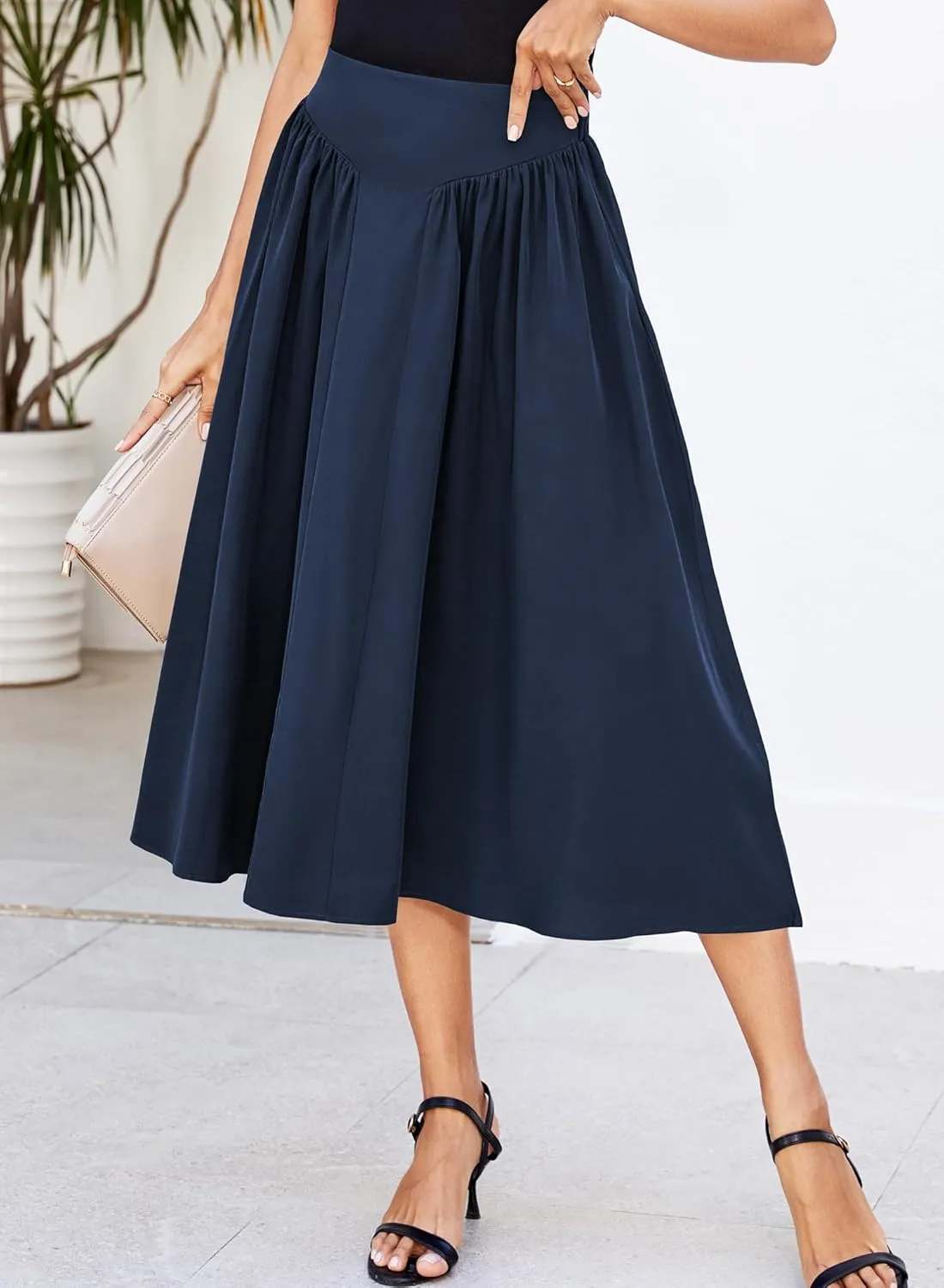 Women Pleated Flowy High Waist A Line Flared Vintage Dressy Spring Long Skirt