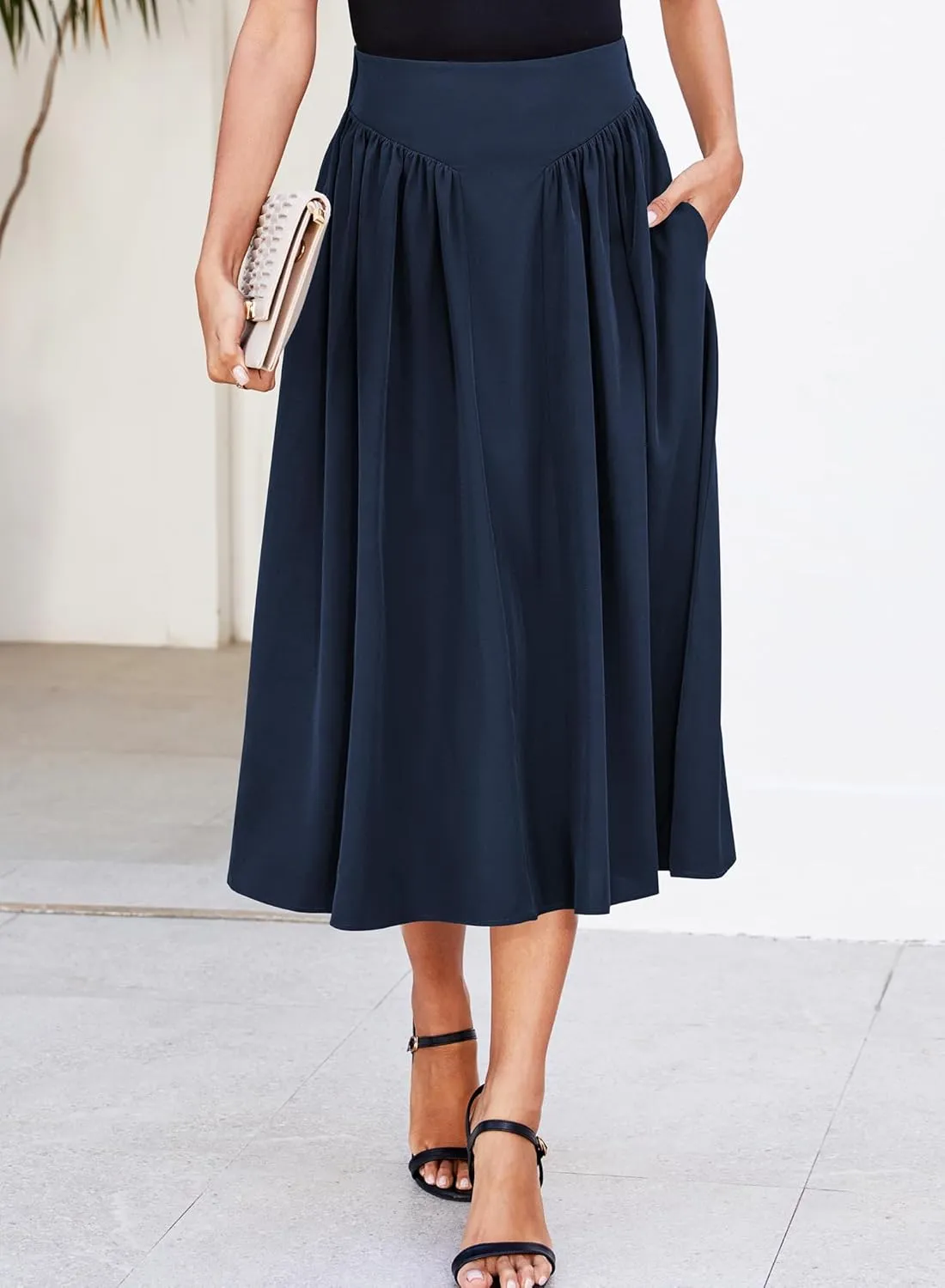 Women Pleated Flowy High Waist A Line Flared Vintage Dressy Spring Long Skirt