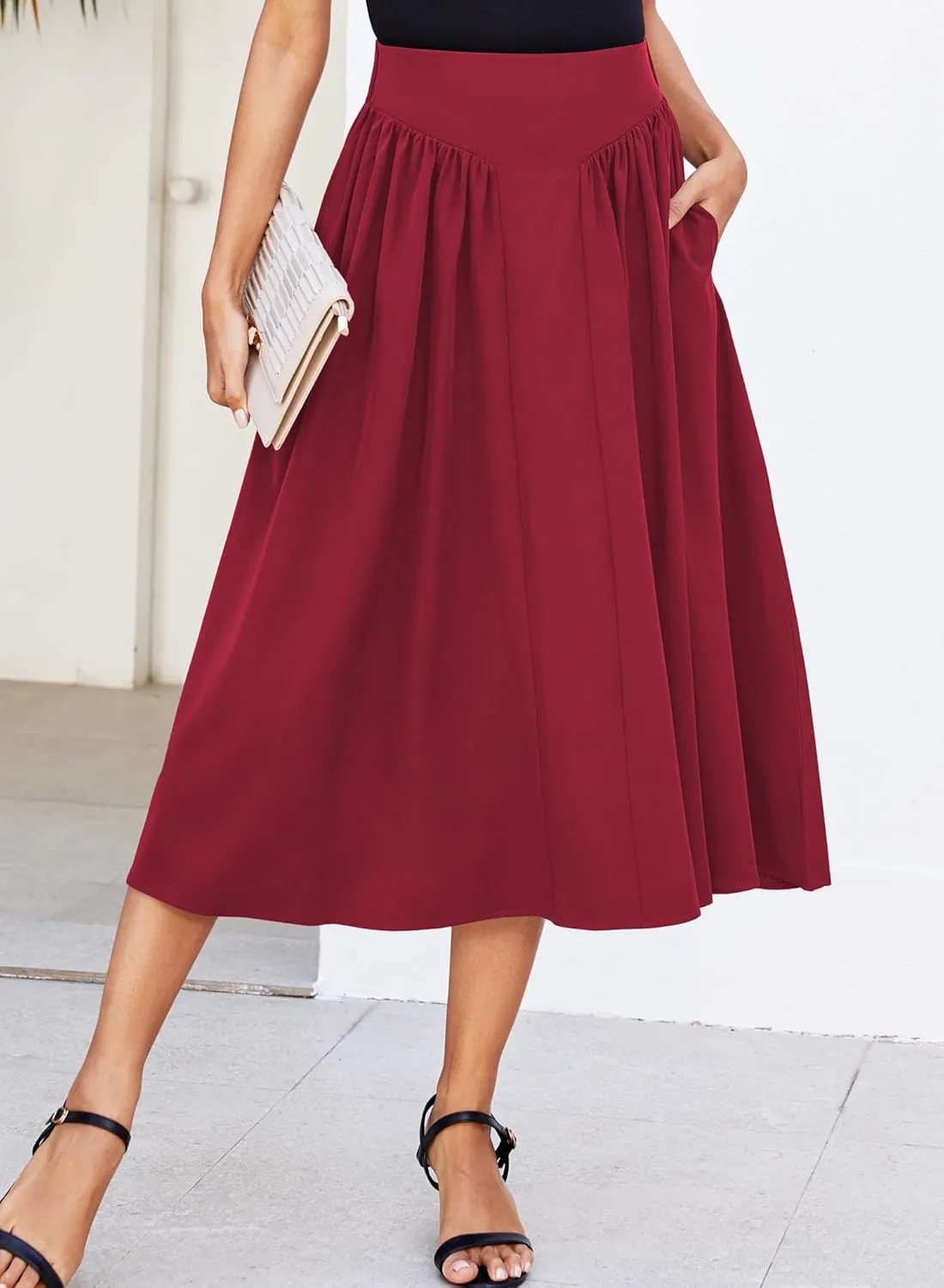 Women Pleated Flowy High Waist A Line Flared Vintage Dressy Spring Long Skirt