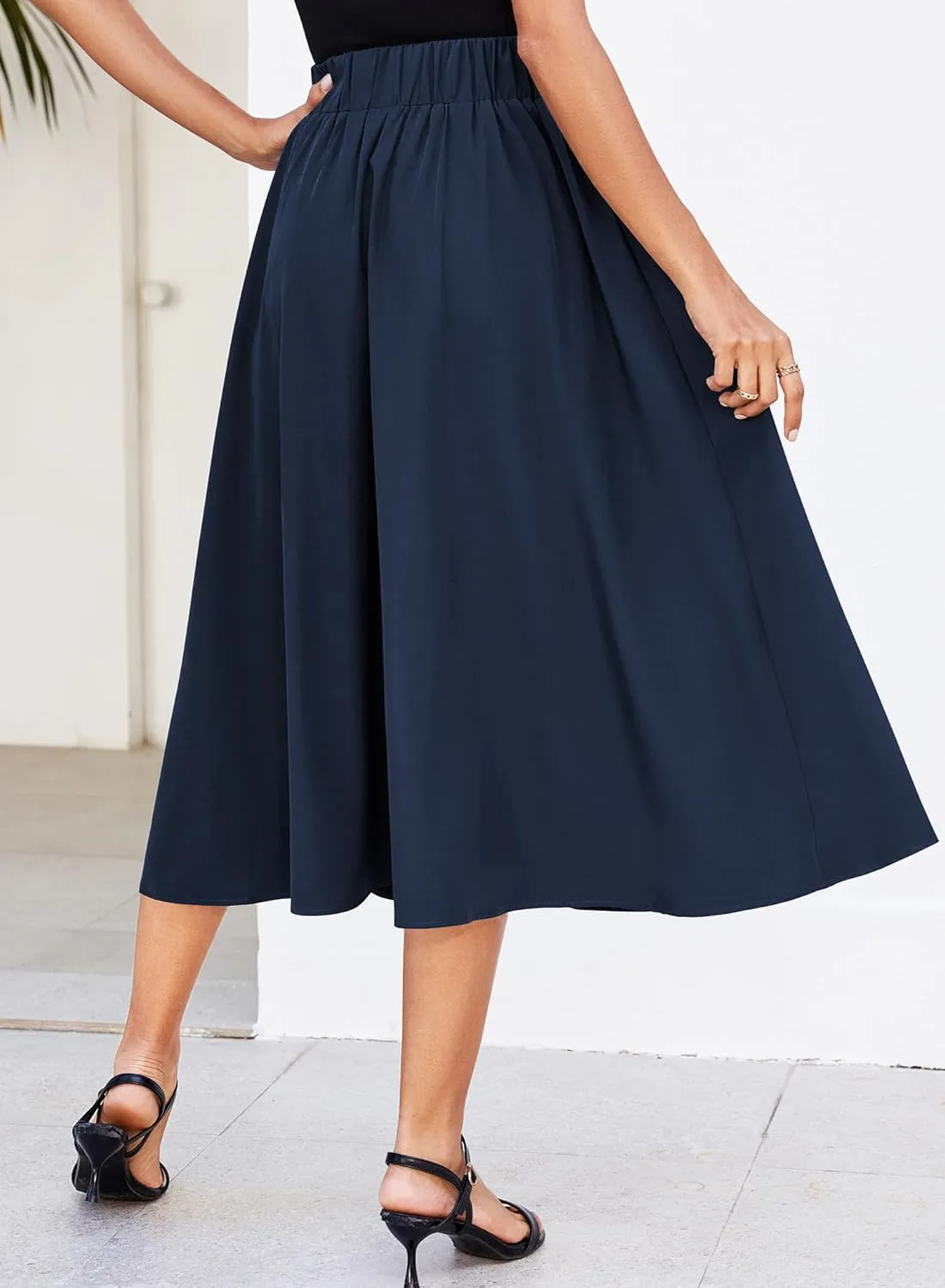 Women Pleated Flowy High Waist A Line Flared Vintage Dressy Spring Long Skirt