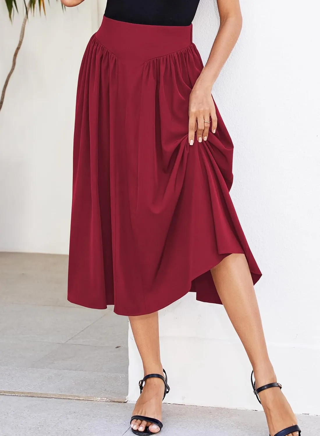 Women Pleated Flowy High Waist A Line Flared Vintage Dressy Spring Long Skirt