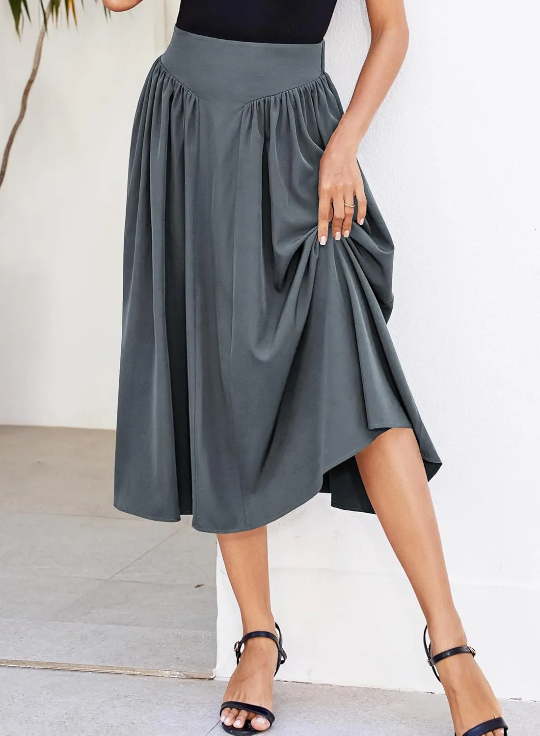 Women Pleated Flowy High Waist A Line Flared Vintage Dressy Spring Long Skirt