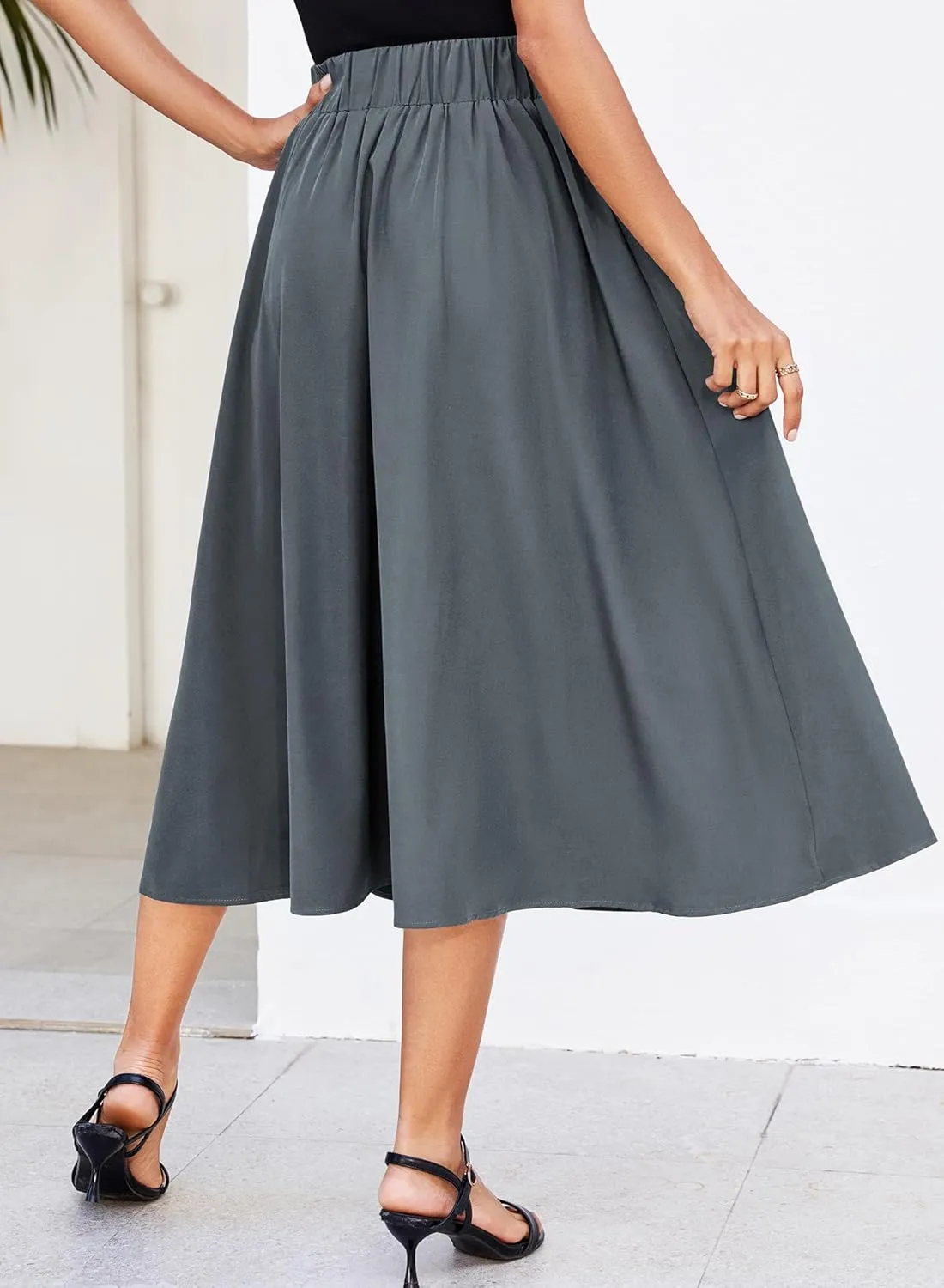 Women Pleated Flowy High Waist A Line Flared Vintage Dressy Spring Long Skirt