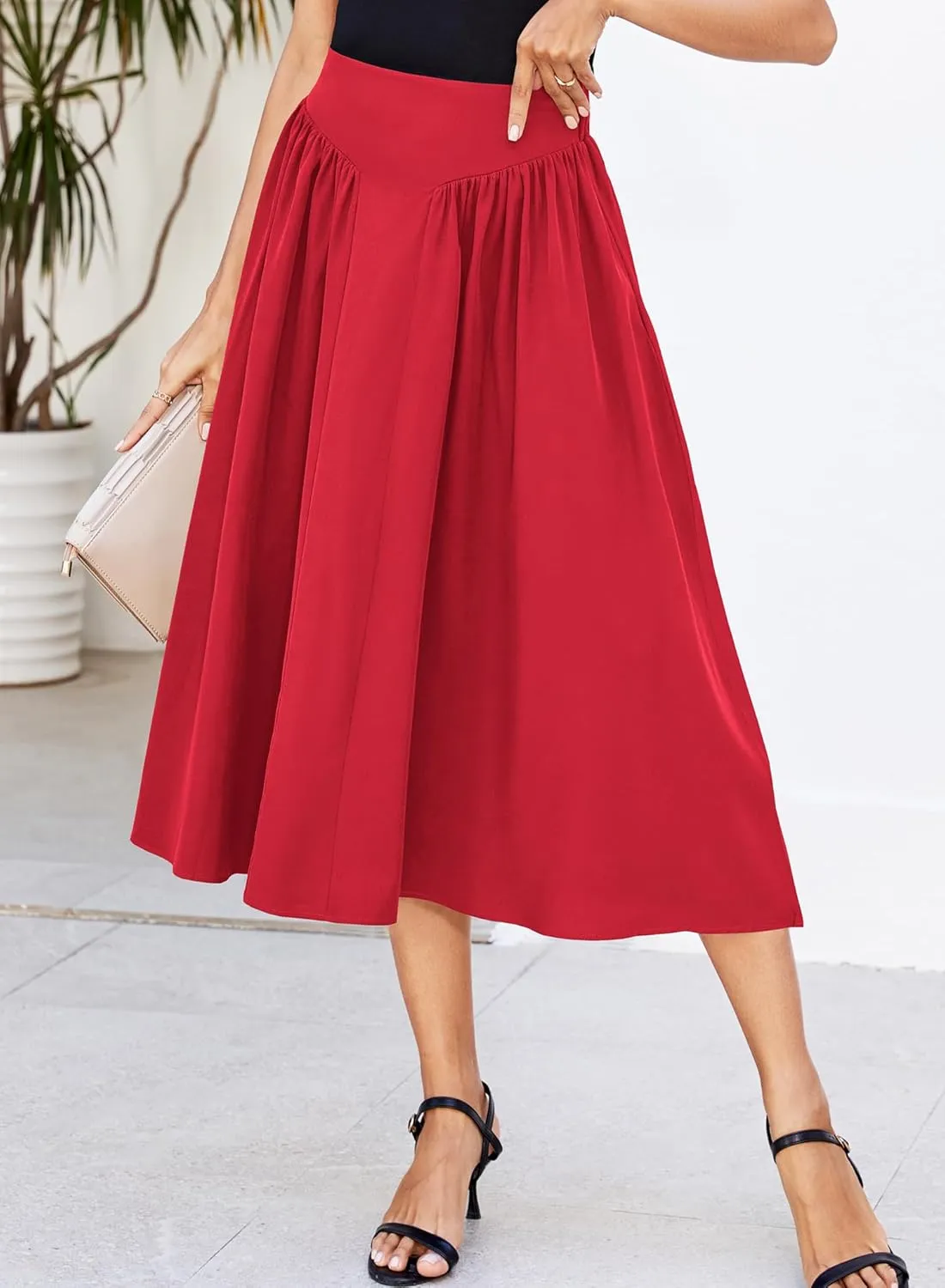 Women Pleated Flowy High Waist A Line Flared Vintage Dressy Spring Long Skirt