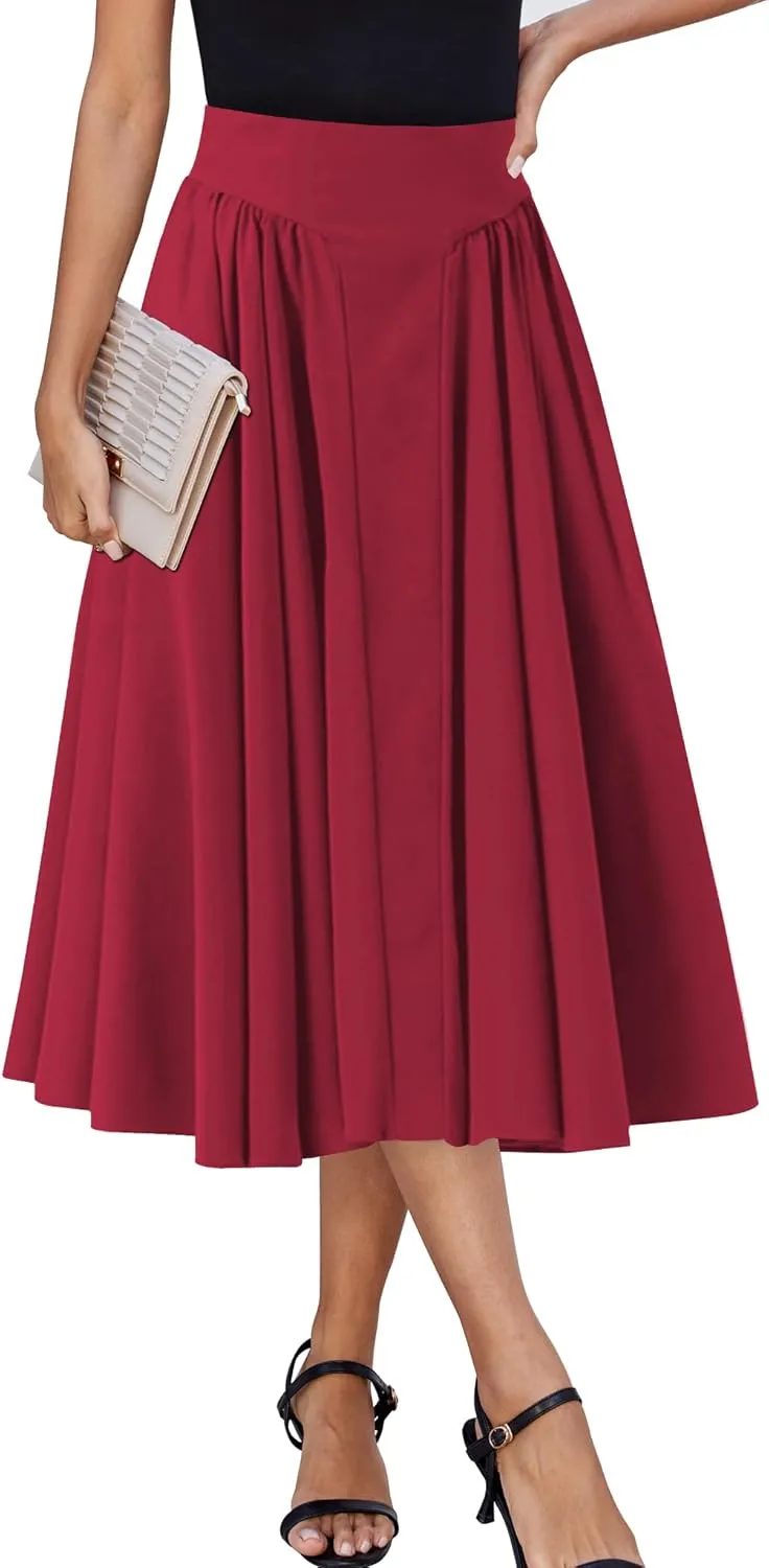 Women Pleated Flowy High Waist A Line Flared Vintage Dressy Spring Long Skirt