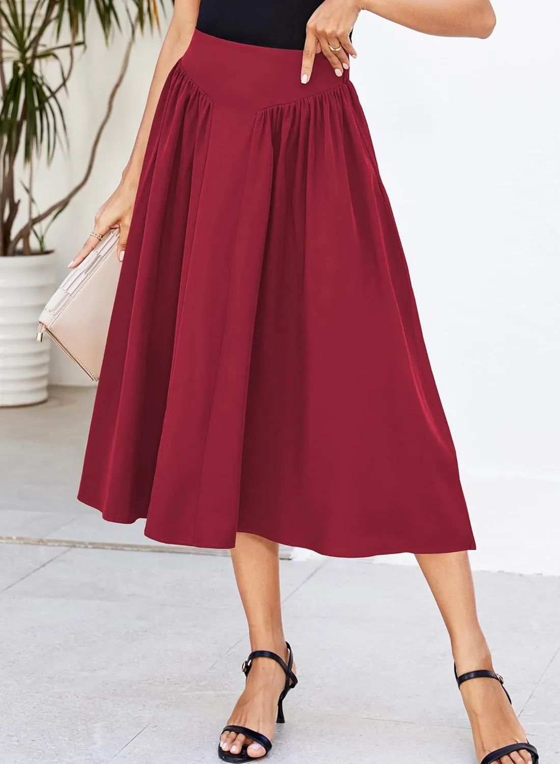Women Pleated Flowy High Waist A Line Flared Vintage Dressy Spring Long Skirt