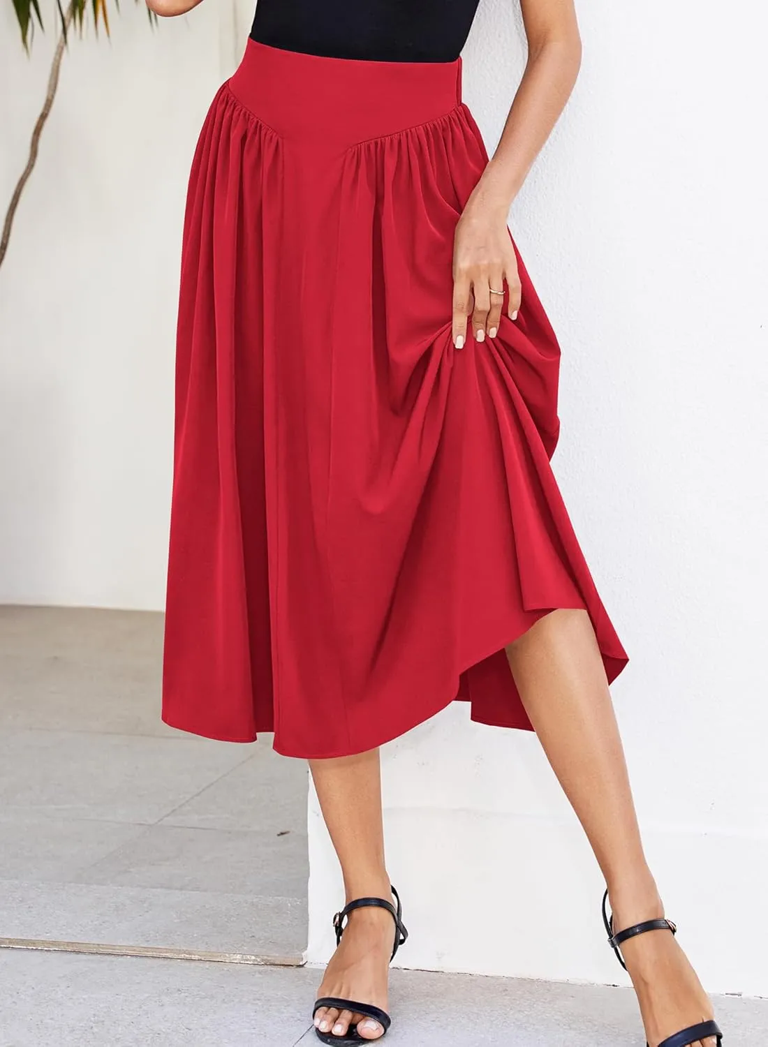 Women Pleated Flowy High Waist A Line Flared Vintage Dressy Spring Long Skirt