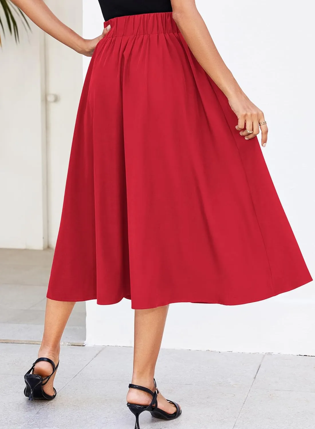 Women Pleated Flowy High Waist A Line Flared Vintage Dressy Spring Long Skirt