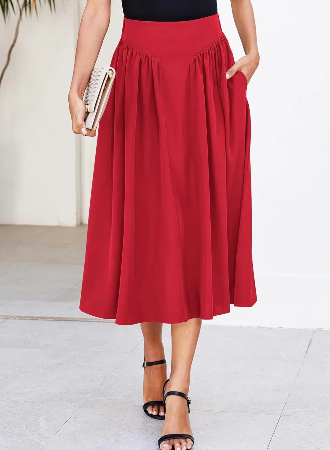 Women Pleated Flowy High Waist A Line Flared Vintage Dressy Spring Long Skirt
