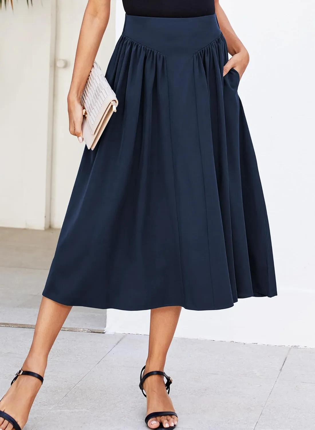 Women Pleated Flowy High Waist A Line Flared Vintage Dressy Spring Long Skirt